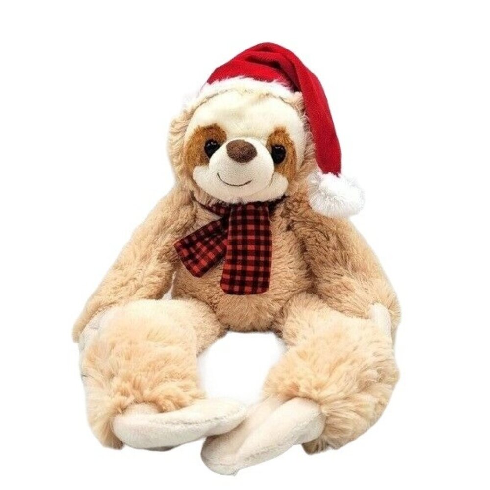 Publix Santa Christmas Sloth Plush Brown 18" Red Hat Red Black Gingham Scarf